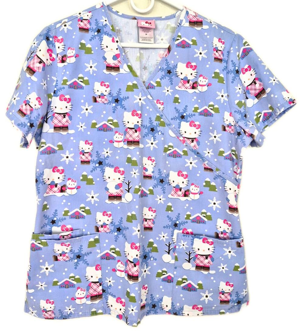 Hello Kitty Scrub Top Size M Winter Snow Blue Pink Work Wear